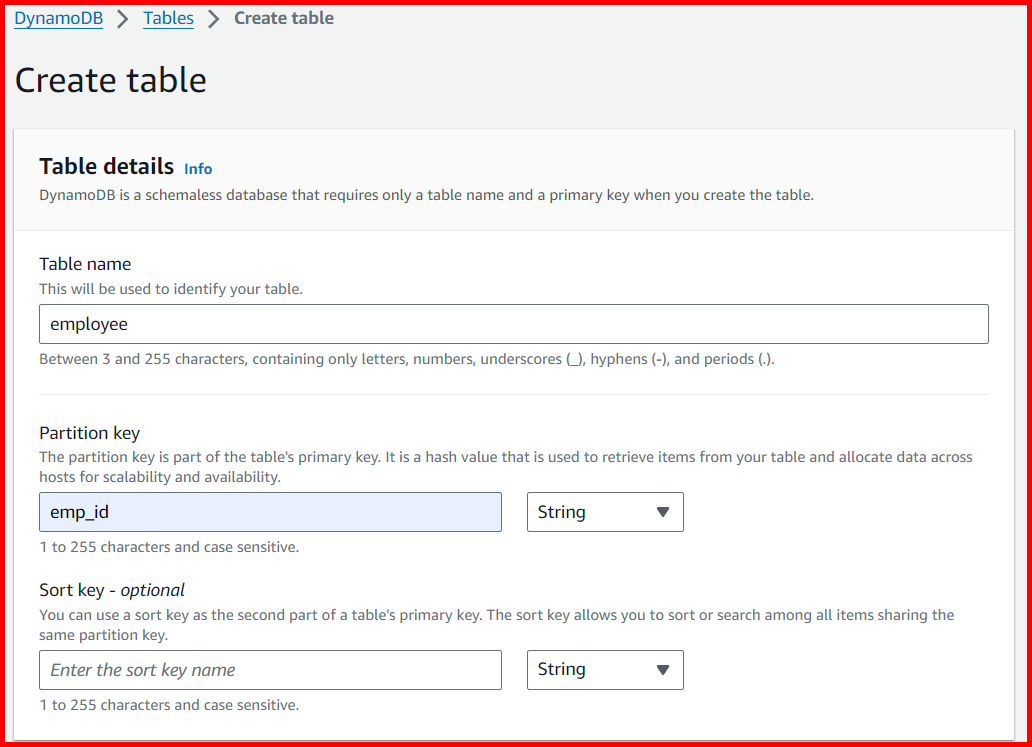 Picture showing the create table screen for entering table details